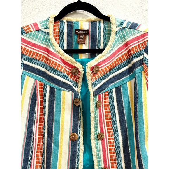 Women's Striped Fringe Jacket Petite Size Large Artsy Boho Coastal Lagenlook - Picture 4 of 7